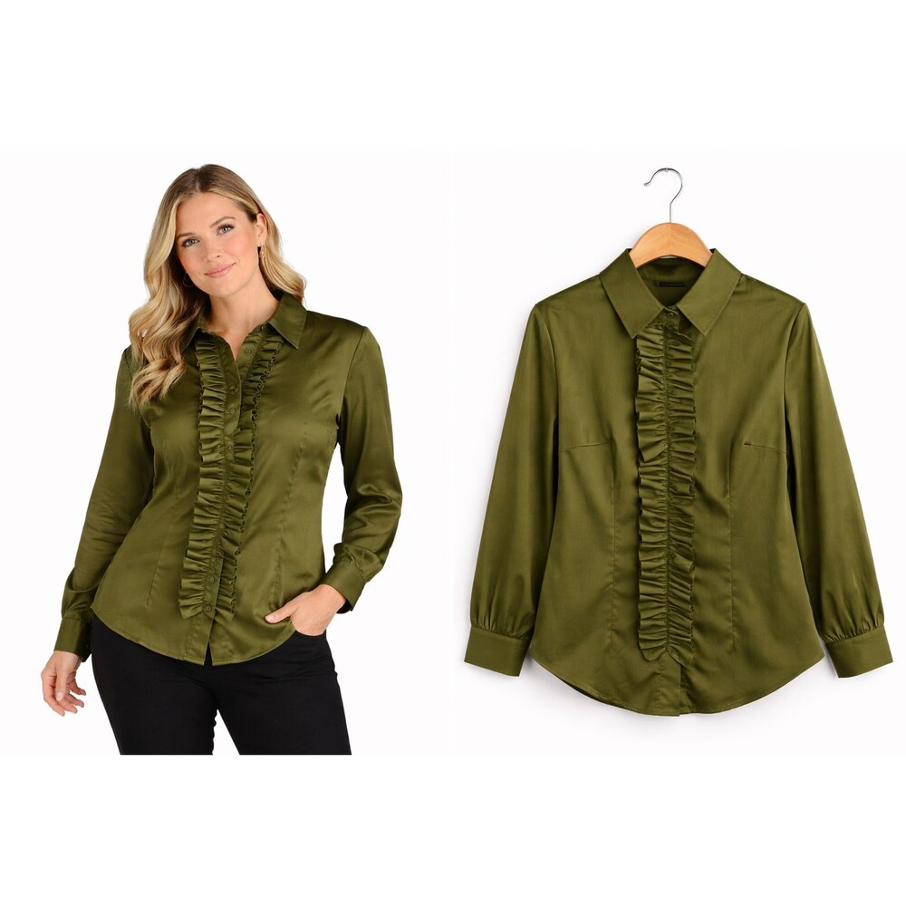 New New York Company Ruffle Shirt Small Camo Green Stretch